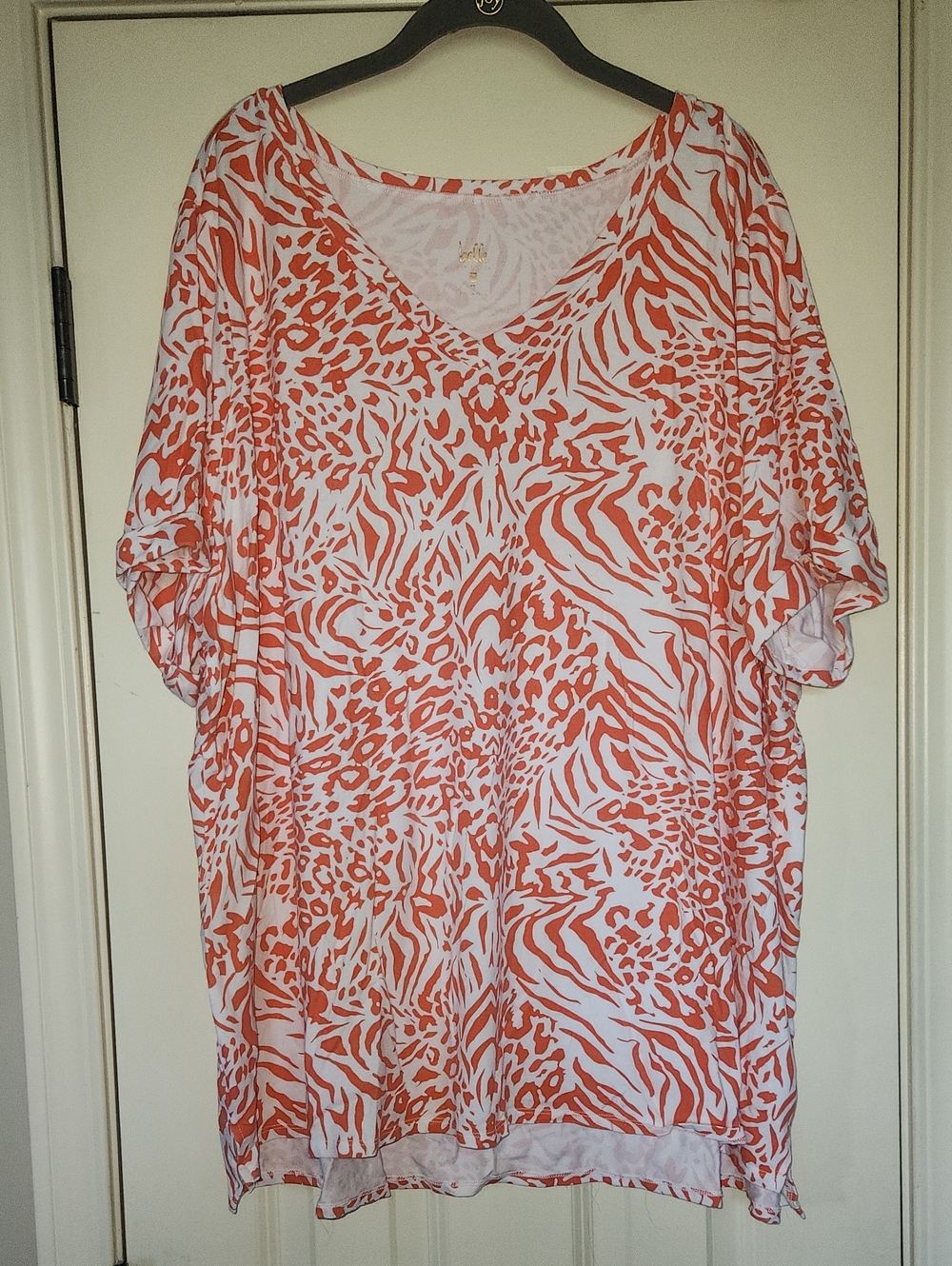 Belle by Kim Gravel Coral and White Animal-Print V-Neck Tunic